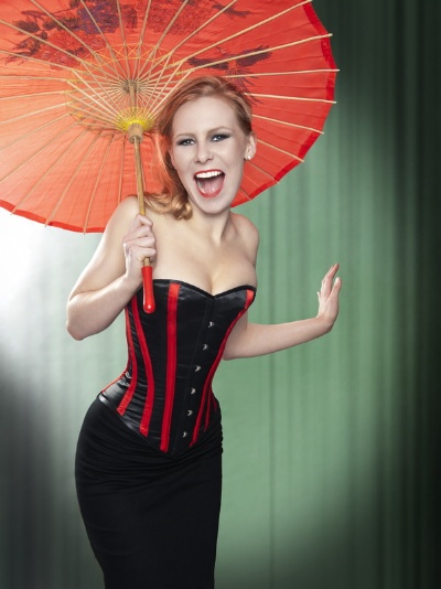 Black and Red Satin Striped Overbust Corset - BEC514